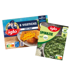 Iglo vissticks, vissticks rösti, spinazie boursin of à la crème 